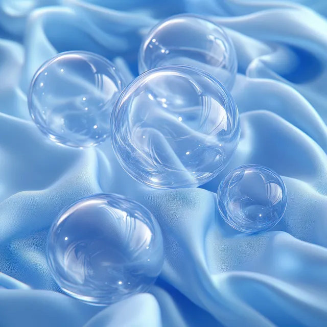 Translucent blue spheres resting on glossy fabric waves in a macro 3D render