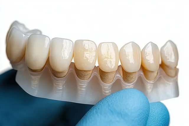A gloved hand holds a dental prosthesis with realistic artificial teeth on a clear base against a white background.