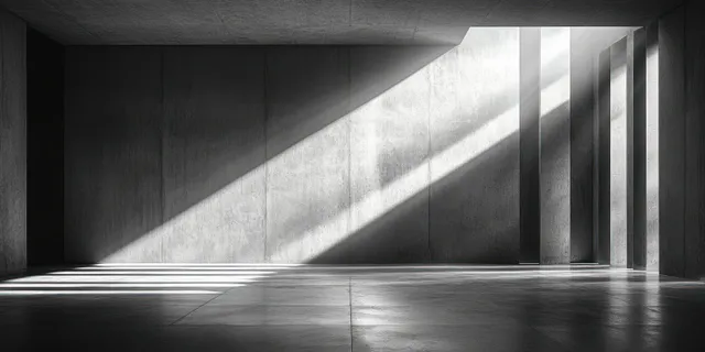 Empty concrete interior room with central ceiling opening casting bright light beams onto a grey floor.