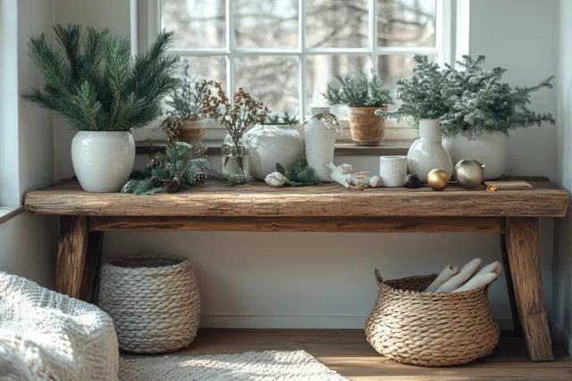Rustic console table decorated for winter holidays with greenery, ornaments, and mugs by a sunlit window.