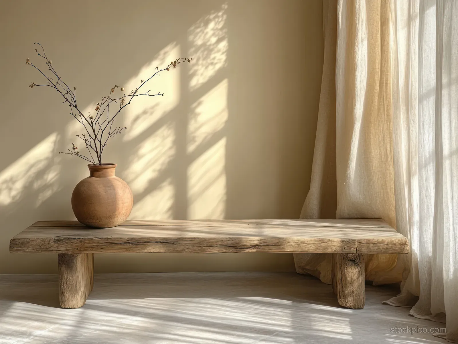 Wooden bench with a clay vase and bare branches against white walls, lit by window shadows and sheer curtains.