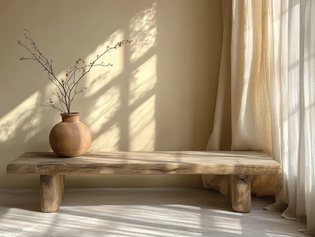 Wooden bench with a clay vase and bare branches against white walls, lit by window shadows and sheer curtains.