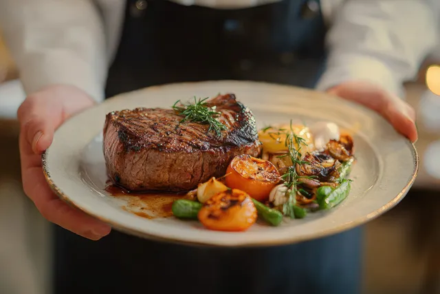 Hands hold a plate of grilled steak garnished with rosemary and served with roasted tomatoes, mushrooms, and green beans.