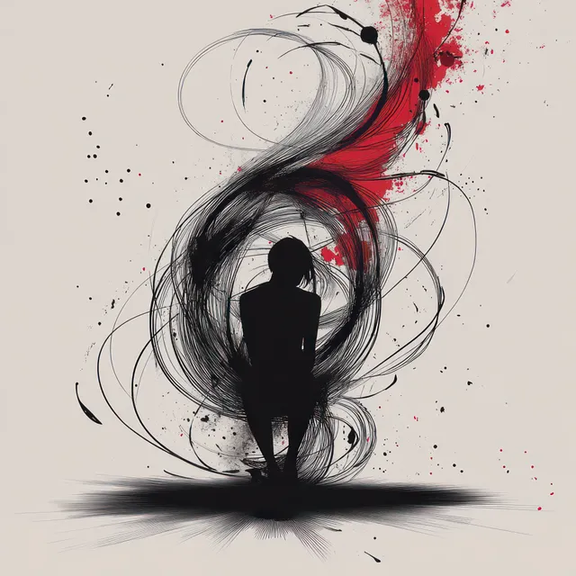 A sitting person silhouette is surrounded by swirling black ink and scattered red paint splatters on a light background.