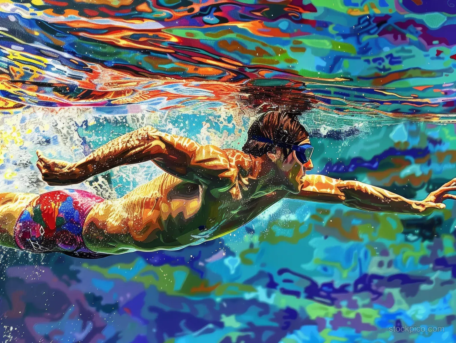 Illustrated male swimmer in backstroke position with splashes and colorful ripples in a pool lane.