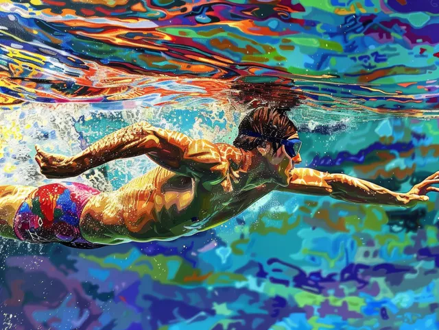 Illustrated male swimmer in backstroke position with splashes and colorful ripples in a pool lane.