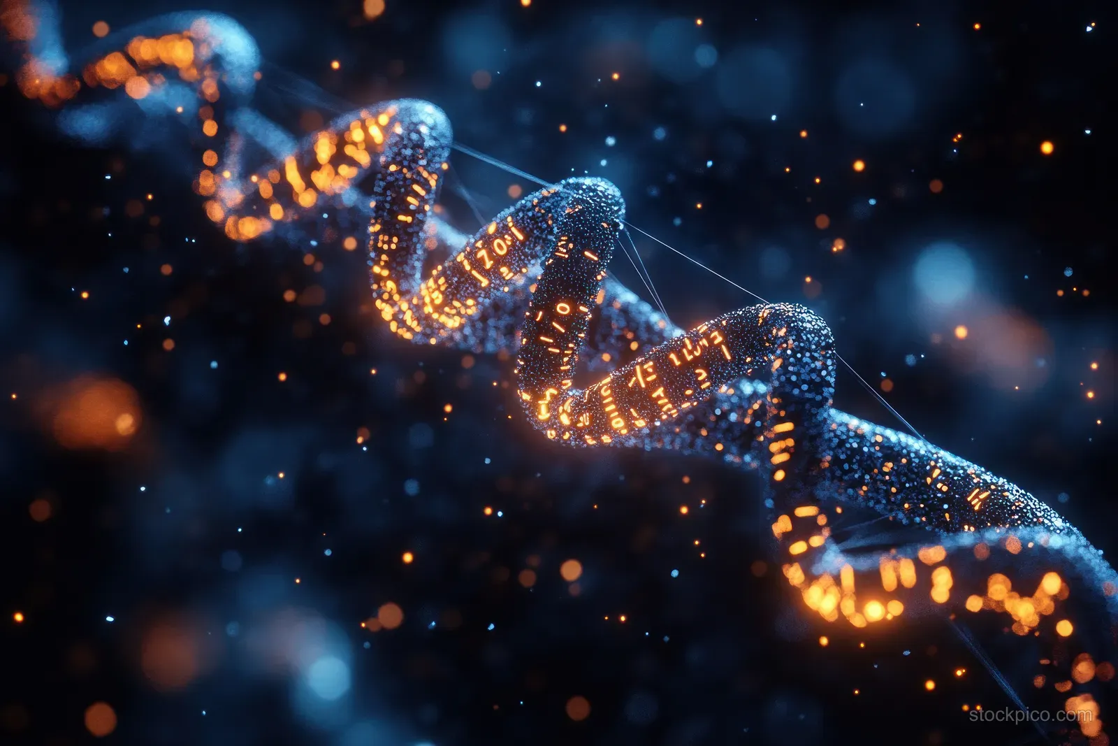 A glowing DNA double helix of light particles curves through a dark, softly illuminated lab scene.