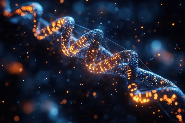 A glowing DNA double helix of light particles curves through a dark, softly illuminated lab scene.