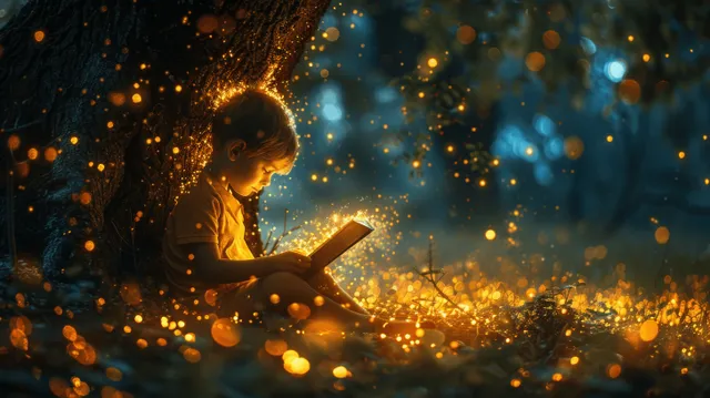 Young boy reading a glowing fairy tale under a tree in a firefly-lit fantasy forest