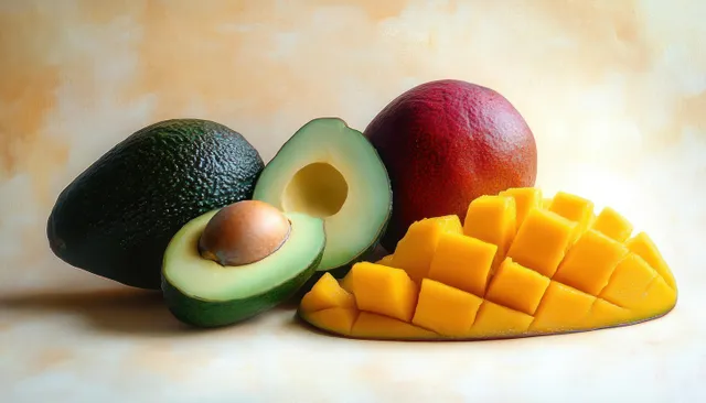 Mango cubes and halved avocado with visible seed arranged with whole fruits on a warm blurred background.