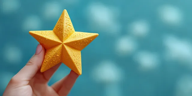 A hand holds a yellow star-shaped object against a blurred blue background.