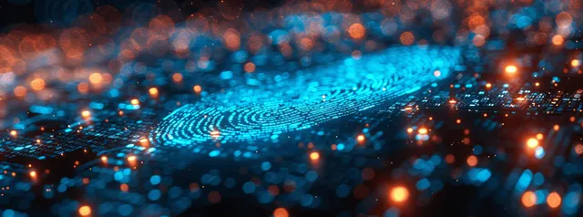 Glowing fingerprint scanning beside digital padlock in blue data background