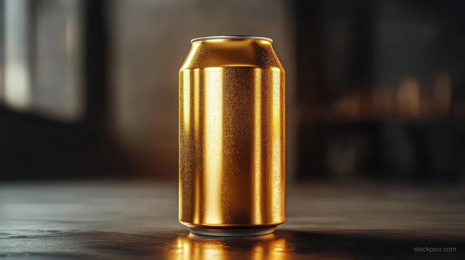 Golden aluminum drink can with visible condensation droplets on a reflective tabletop in dim light.