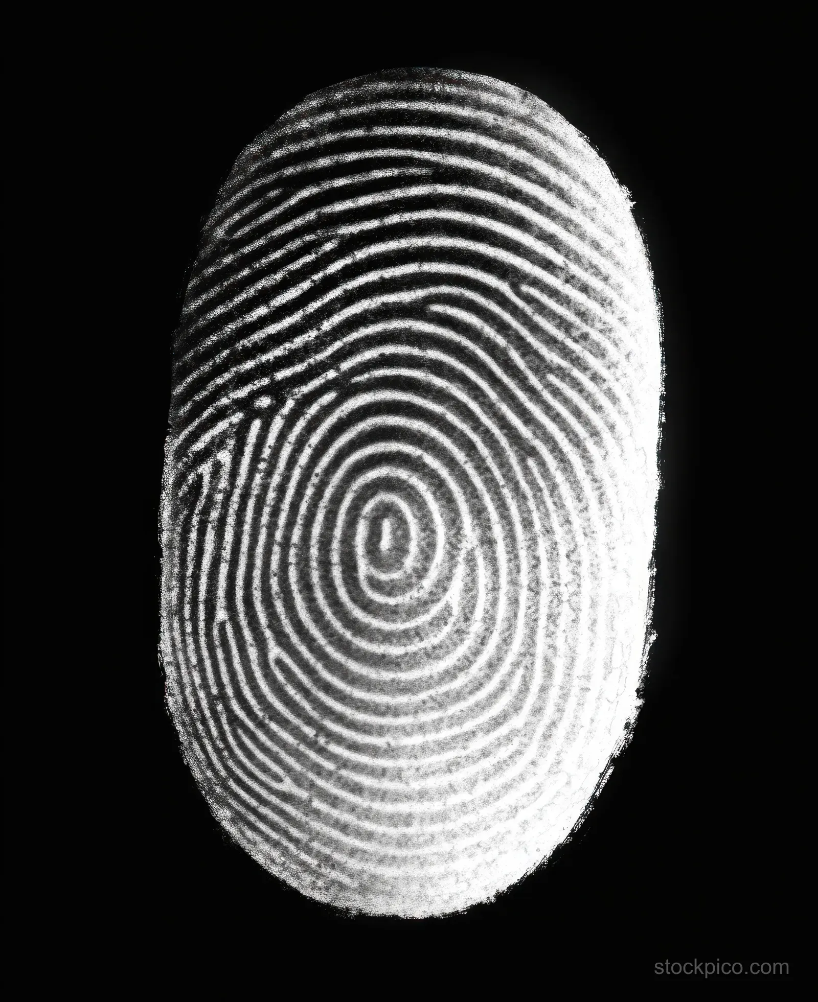 Monochrome close-up of a fingerprint with looping ridges centered on a dark background.