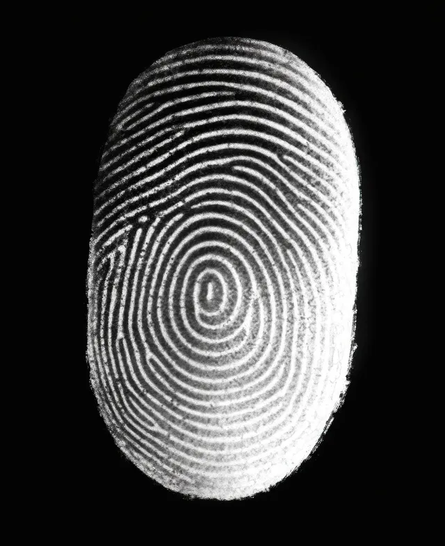 Monochrome close-up of a fingerprint with looping ridges centered on a dark background.