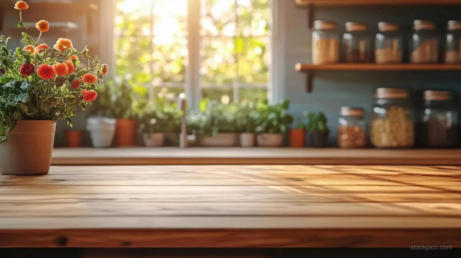 Wooden kitchen table in warm light with blurred jars and potted herbs on shelves behind it.