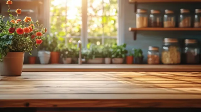 Wooden kitchen table in warm light with blurred jars and potted herbs on shelves behind it.