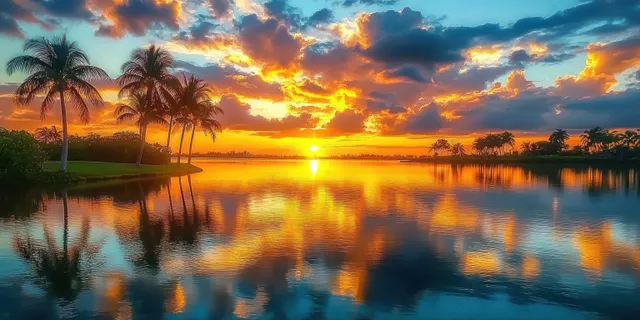 Palm trees stand along a calm lake, their silhouettes reflected in sunset-orange light under colorful clouded sky.
