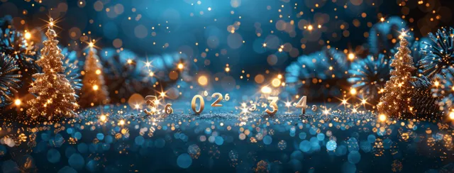 Golden Christmas tree silhouettes flank glowing 2025 numerals with fireworks and bokeh lights on a deep blue background.