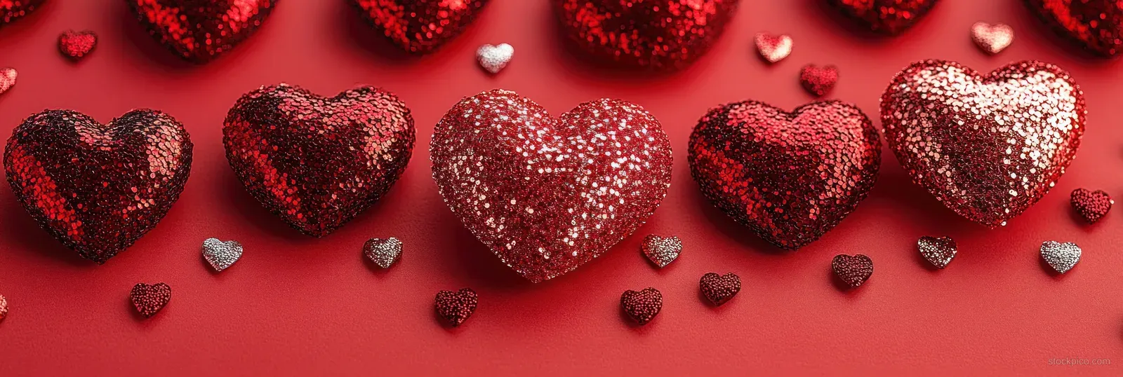 Glitter heart decorations scattered on a red background in a top-down flat lay.