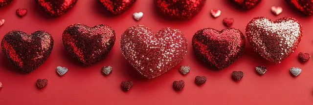 Glitter heart decorations scattered on a red background in a top-down flat lay.