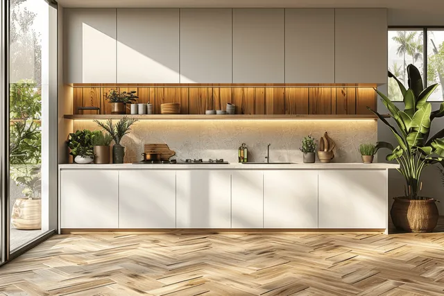 Sunlit modern kitchen with white cabinets, wooden backsplash, and potted plants