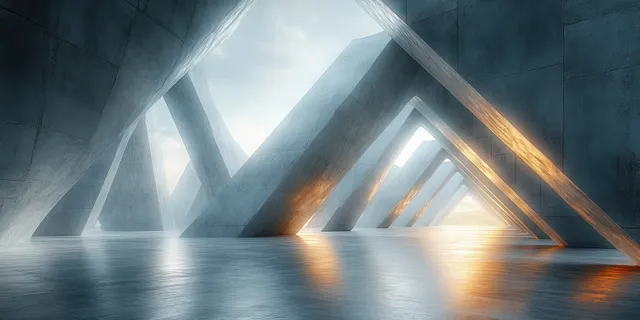 Empty minimalist concrete interior with triangular openings, angled surfaces, and soft backlit light beams.