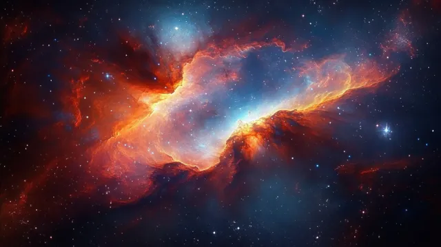 Fiery swirling nebula and glowing stars fill a dark outer space scene with bright orange and blue light streams.
