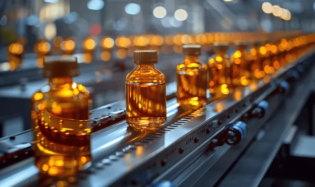 Amber liquid vials sit on an automated production conveyor while a technician inspects them in a pharmaceutical facility.