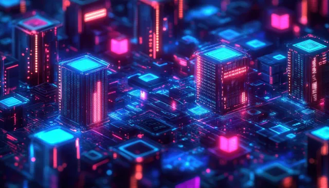 Bastidores de servidores iluminados con neón con nodos de contenedores flotantes y líneas de conexión que forman una cuadrícula de orquestación de Kubernetes.