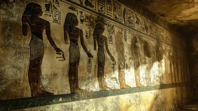 Ancient Egyptian tomb wall painting with standing figures and hieroglyphs illuminated by soft natural light.