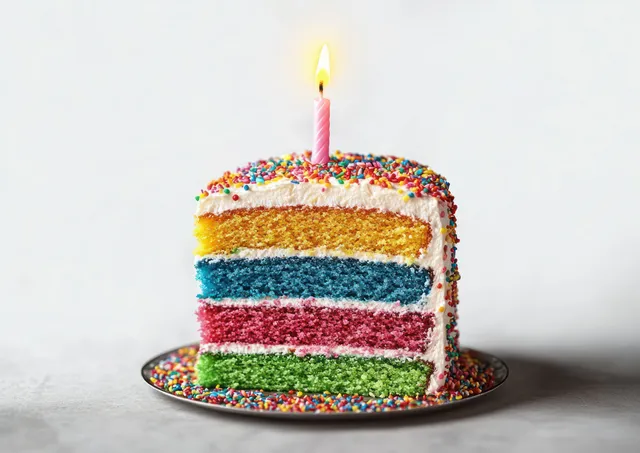 Four-layer rainbow birthday cake slice with white frosting, rainbow sprinkles, and a lit pink candle on a gray plate.