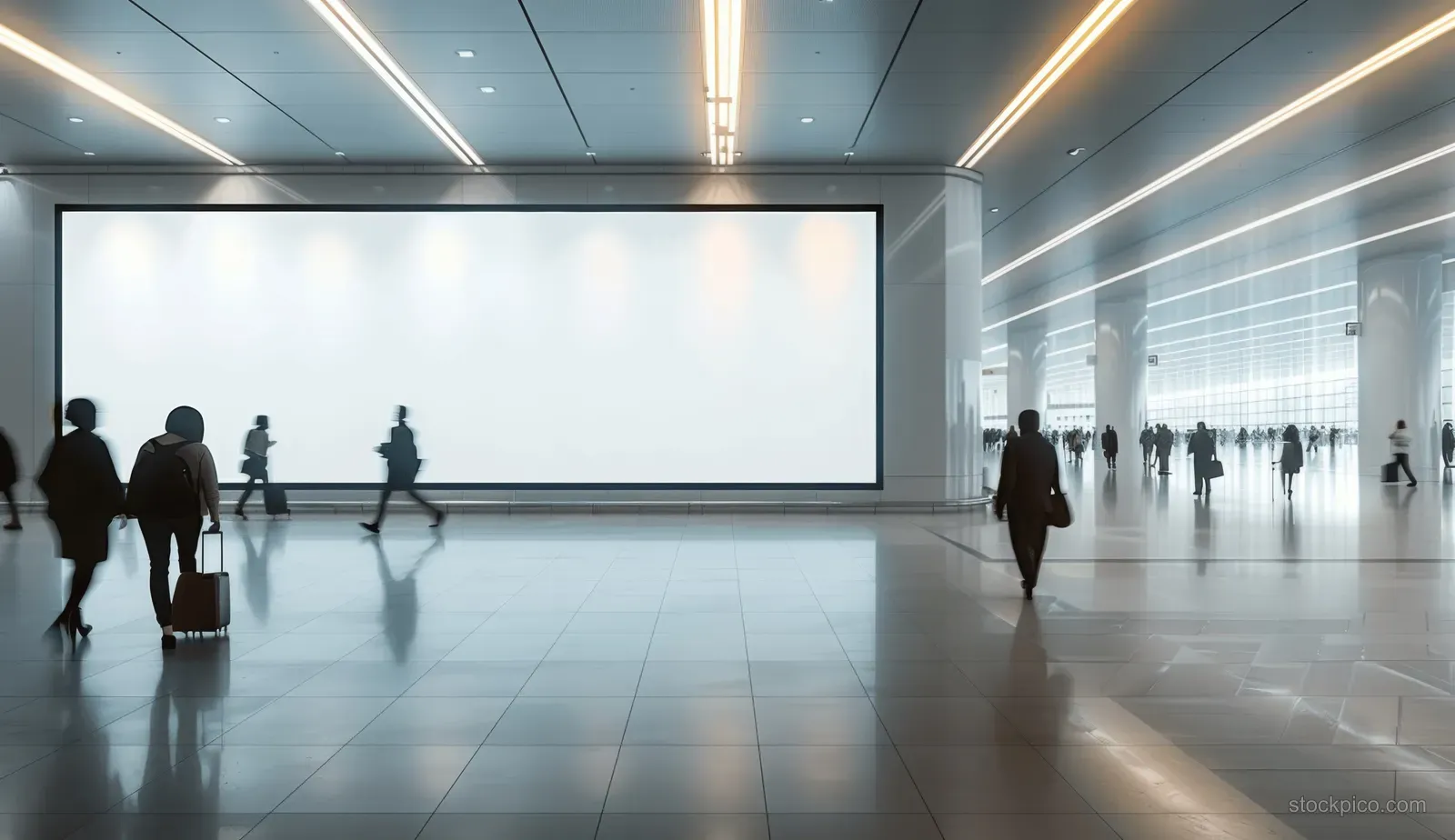 Blank billboard mockup in an airport corridor with blurred silhouettes walking past under bright lights.