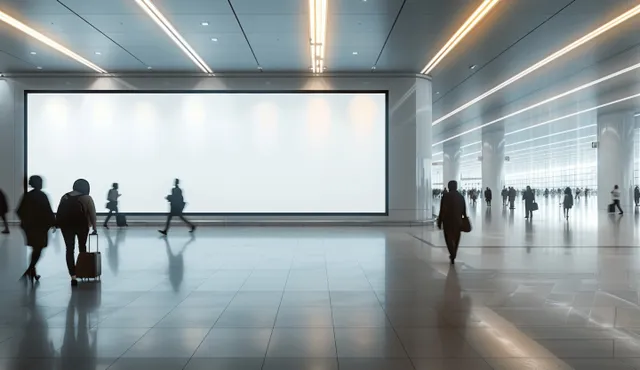 Blank billboard mockup in an airport corridor with blurred silhouettes walking past under bright lights.