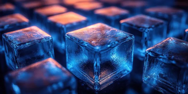 Futuristic blue glass cubes with reflections arranged on a dark blurred background