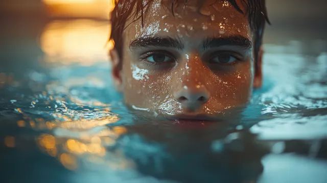 Smiling young swimmer faces the camera underwater in an indoor pool with water droplets shimmering.