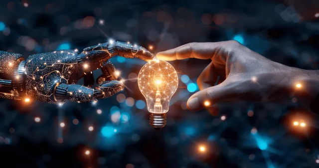 Hands linking to a glowing AI light bulb through glowing network circuitry
