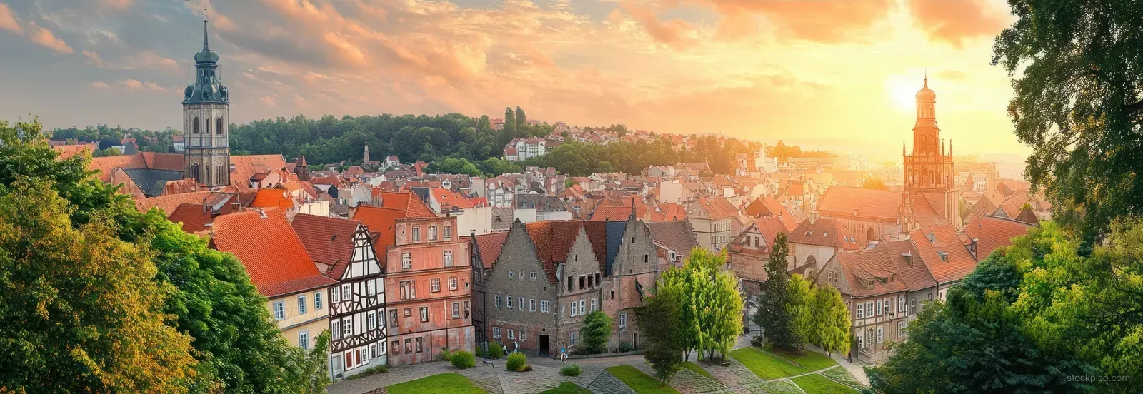 Sunset panorama of a historic European town with timber-framed houses, church towers, and trees in the foreground.
