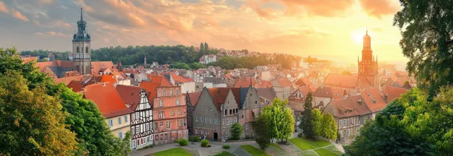 Sunset panorama of a historic European town with timber-framed houses, church towers, and trees in the foreground.