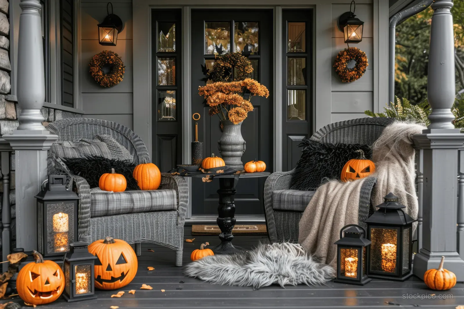 Grey wicker chairs with fur throws flank a Halloween porch with carved pumpkins and lit lanterns near the door.