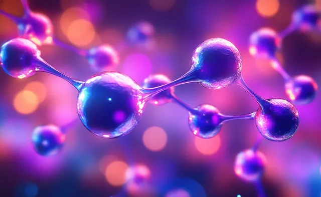 Glowing interconnected atoms and colorful orbs form an abstract molecular structure on a pearl blue background.