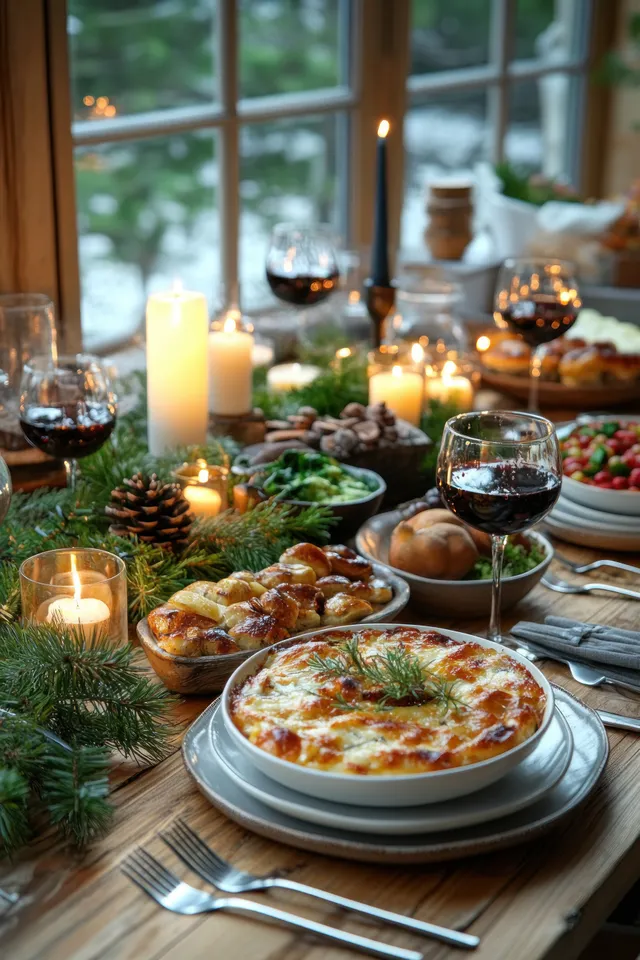 Christmas dinner table with candles, plates, and Scandinavian decorations glowing near a window.