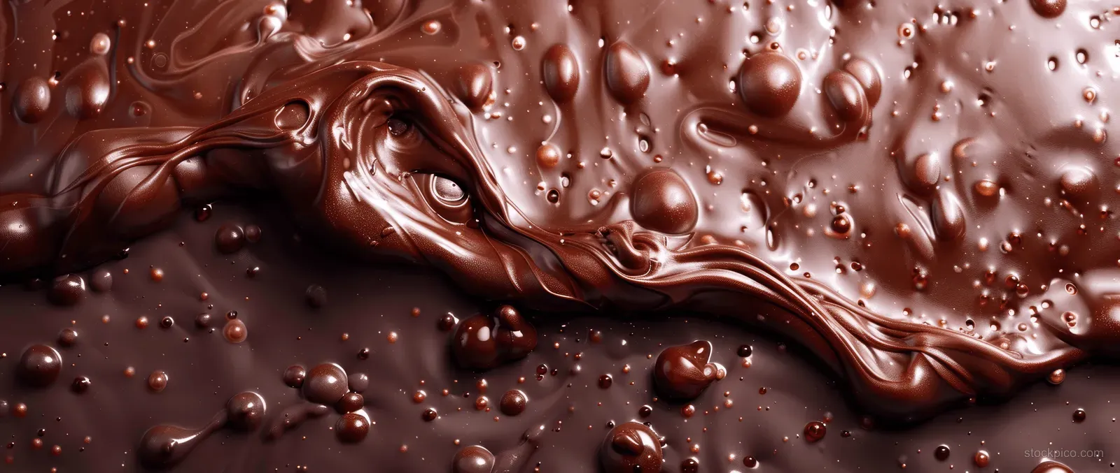 Glossy chocolate mousse ice cream texture with swirling gelato and small cocoa droplets in a top view.