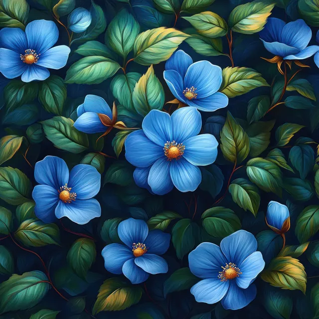 Blue flowers and green leaves fill a dense seamless botanical pattern.