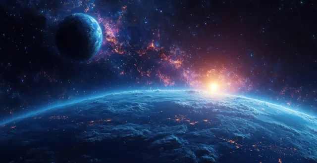 Dusk Earth in Space with Glowing City Lights and Ocean Blue
