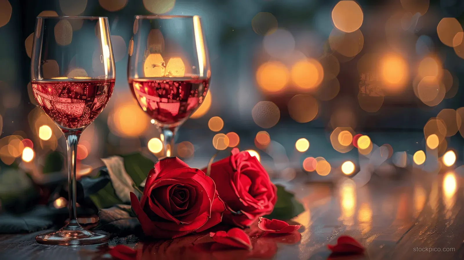 Red wine glasses and lit candles on a dinner table with red roses and petals, surrounded by warm city bokeh lights.