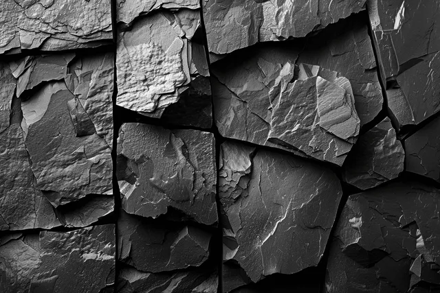 Bloques de roca basáltica gris oscuro con bordes irregulares y sombras profundas forman un fondo de textura geométrica.