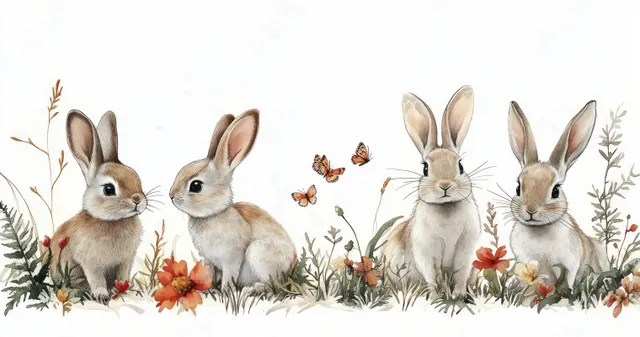 Watercolor rabbits resting among wildflowers, fern leaves, and butterflies in spring woodland