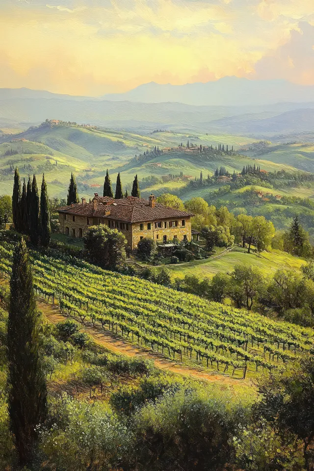 Stone farmhouse and terracotta roof overlooking vineyard rows and tall cypress trees across rolling green hills under cloudy sunset light.