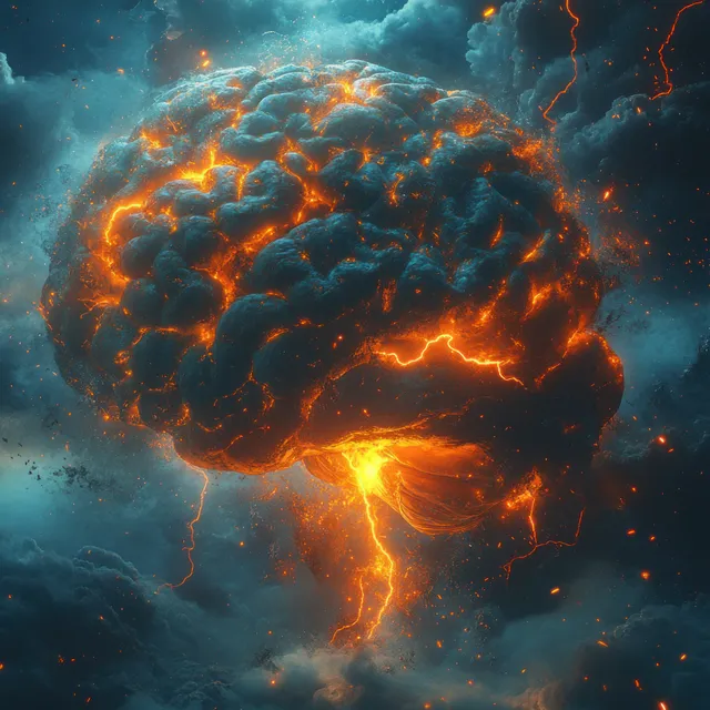 A glowing human brain in a dark lightning storm with fiery neural sparks represents psychological stress and migraine pain.